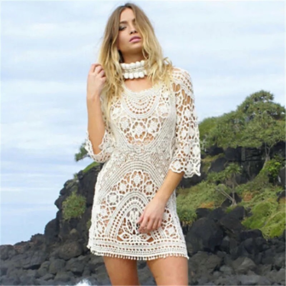 Lace crochet dress bikini cover up sexy open back khaki beige beach dress